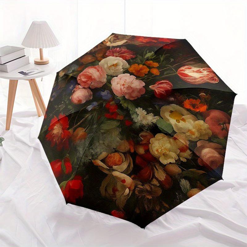 Floral Elegance: A Circular Canvas of Vibrant Blooms Umbrella, Portable 3-Fold Compact Umbrella for Men & Women R161