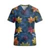 Women's V-Neck Short Sleeve Work Top with Pockets Leaf Print