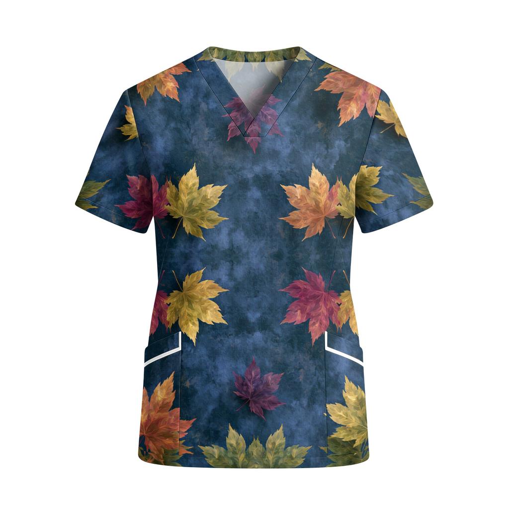Women's V-Neck Short Sleeve Work Top with Pockets Leaf Print