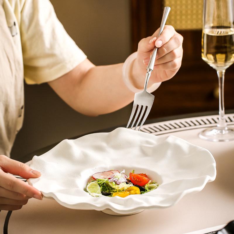 Large Japanese Ceramic Pleated Salad Plate - High-End Elegant Tableware