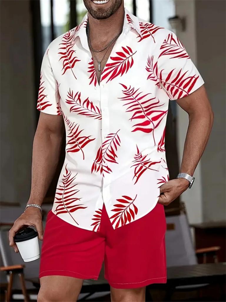 Hawaii Geometric Print Men's Shirt Casual Fashion Short Sleeve Shirt Shorts Set Men's Lapel Top Drawstring Shorts Two Piece Set