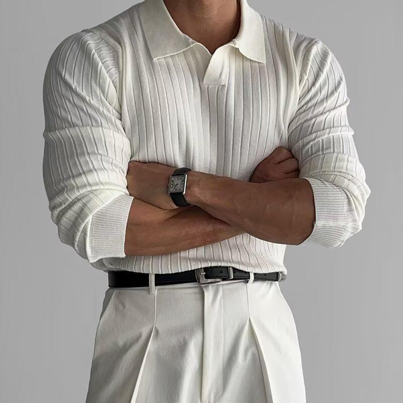 Men's Spring & Autumn Knitwear: Solid Color Striped Elastic Lapel Pullover Polo Shirt, Long-Sleeve T-Shirt
