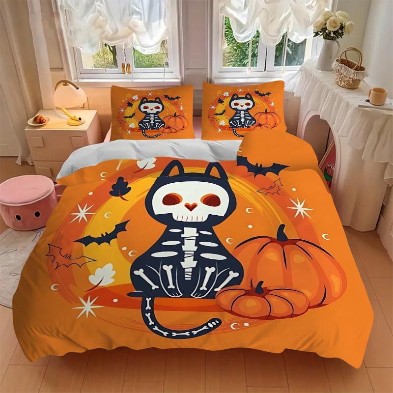 3pcs Cat Skull Halloween Elements Printed Quilt Set - Includes 1 Quilt Cover and 2 Pillowcases, Machine Washable - Suitable for All Seasons.H020
