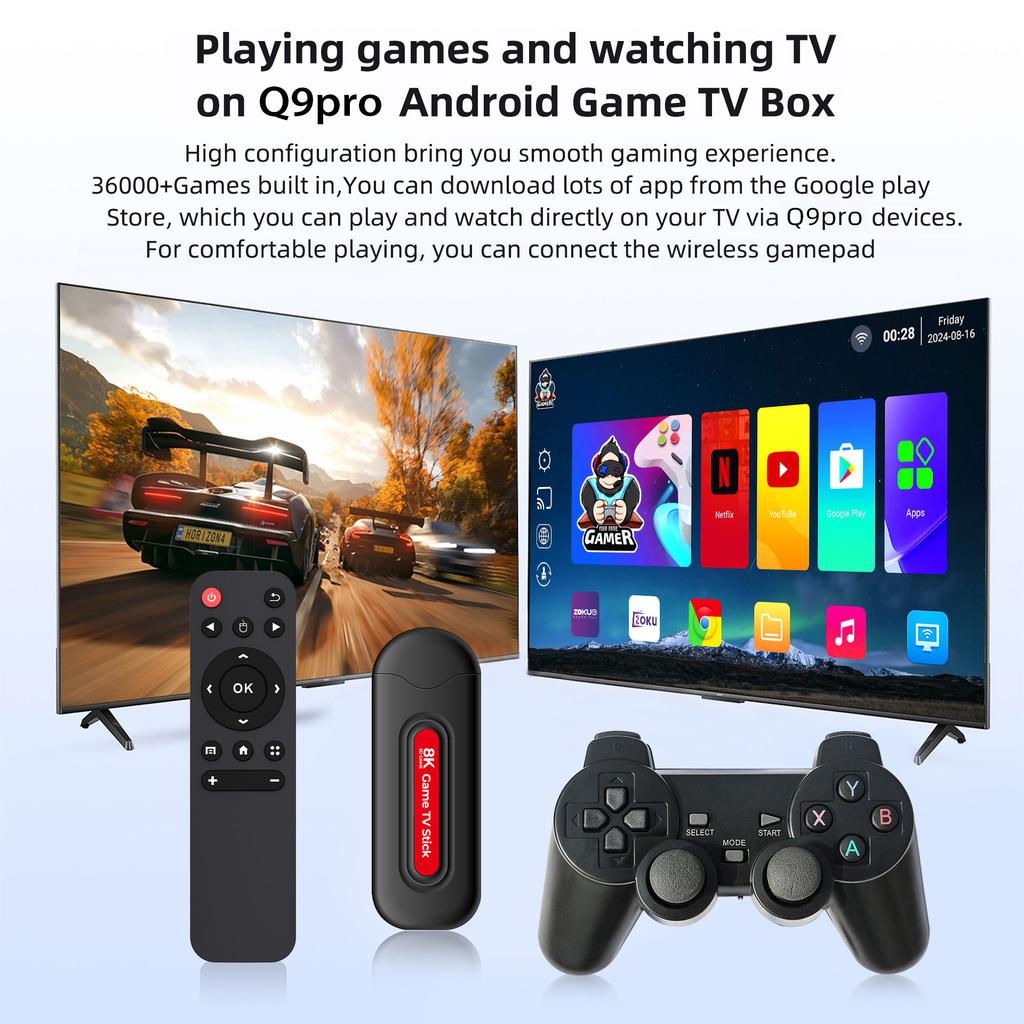 Q9 Pro Video Game Consoles Wireless 2.4GHz Android System TV Game Box HD Output 64GB 40000+Games 3D TV Game Stick