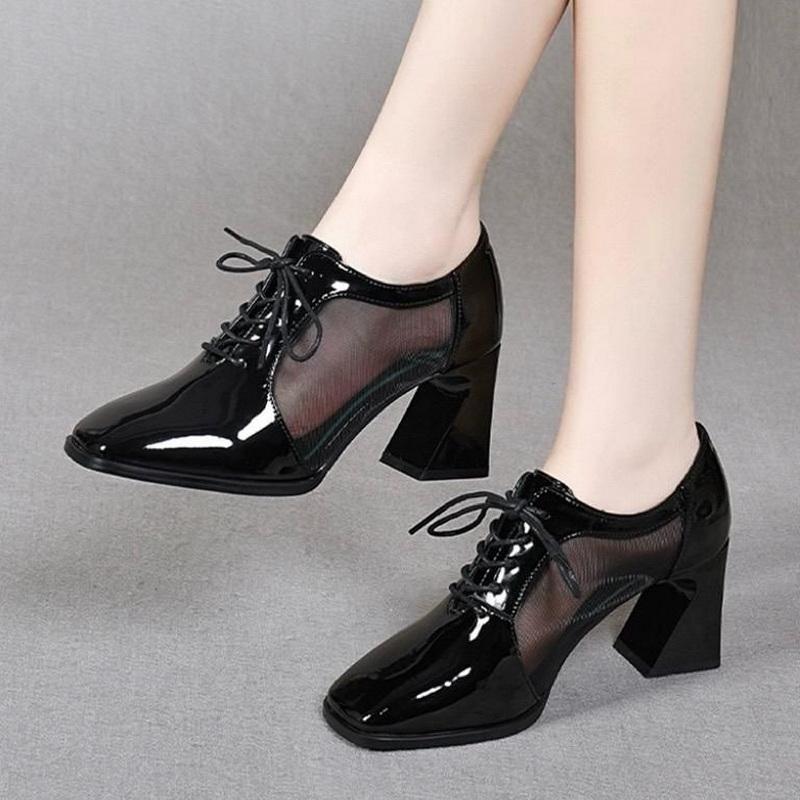 Fashion FHC Patent Leather Women Mesh Pumps.Fashion Office Lady Mid Heel Work Shoes,Square Toe,Front Laces,Black,Apricot,Red,Dropship