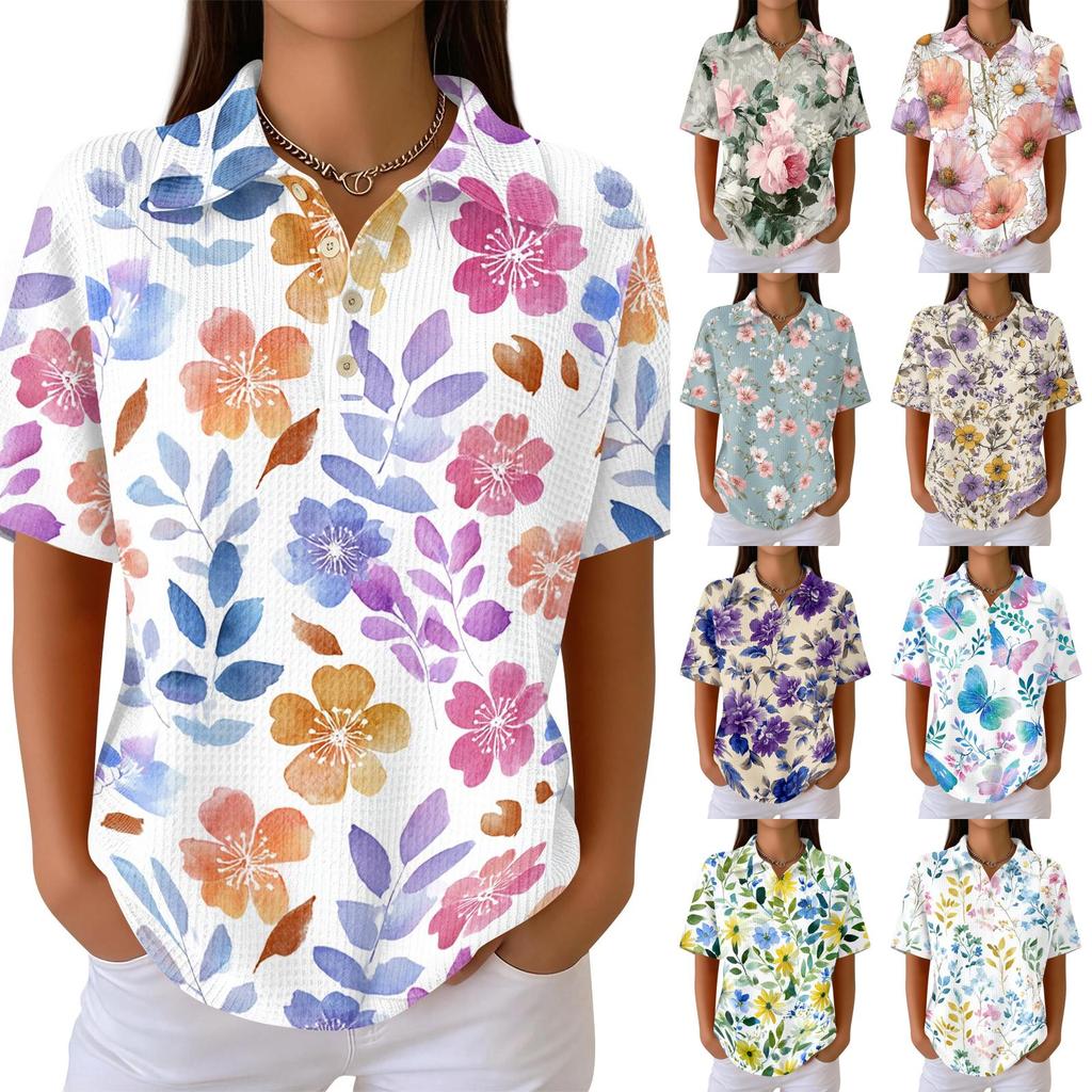 Women’s Casual Short Sleeve Knit Collared Top with Floral Print Relaxed Fit Button Down Blouse for Daily Wear