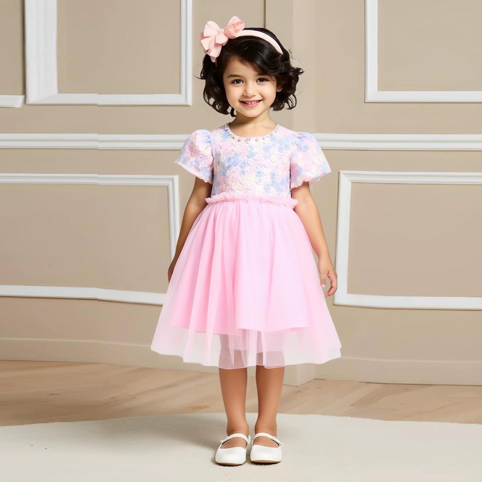 

Летнее платье для выступлений из тюля с короткими рукавами для девочек 130 розовый