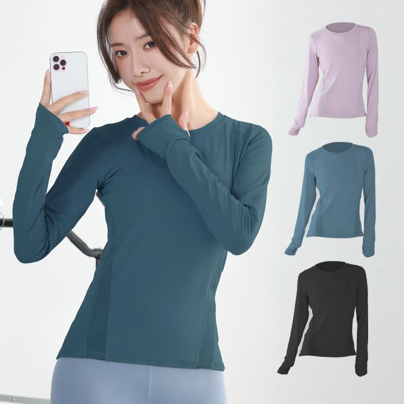 Peach Lulu Yoga Long Sleeve Mesh Sports Top - Quick Dry, Breathable, Round Neck Fitness Wear