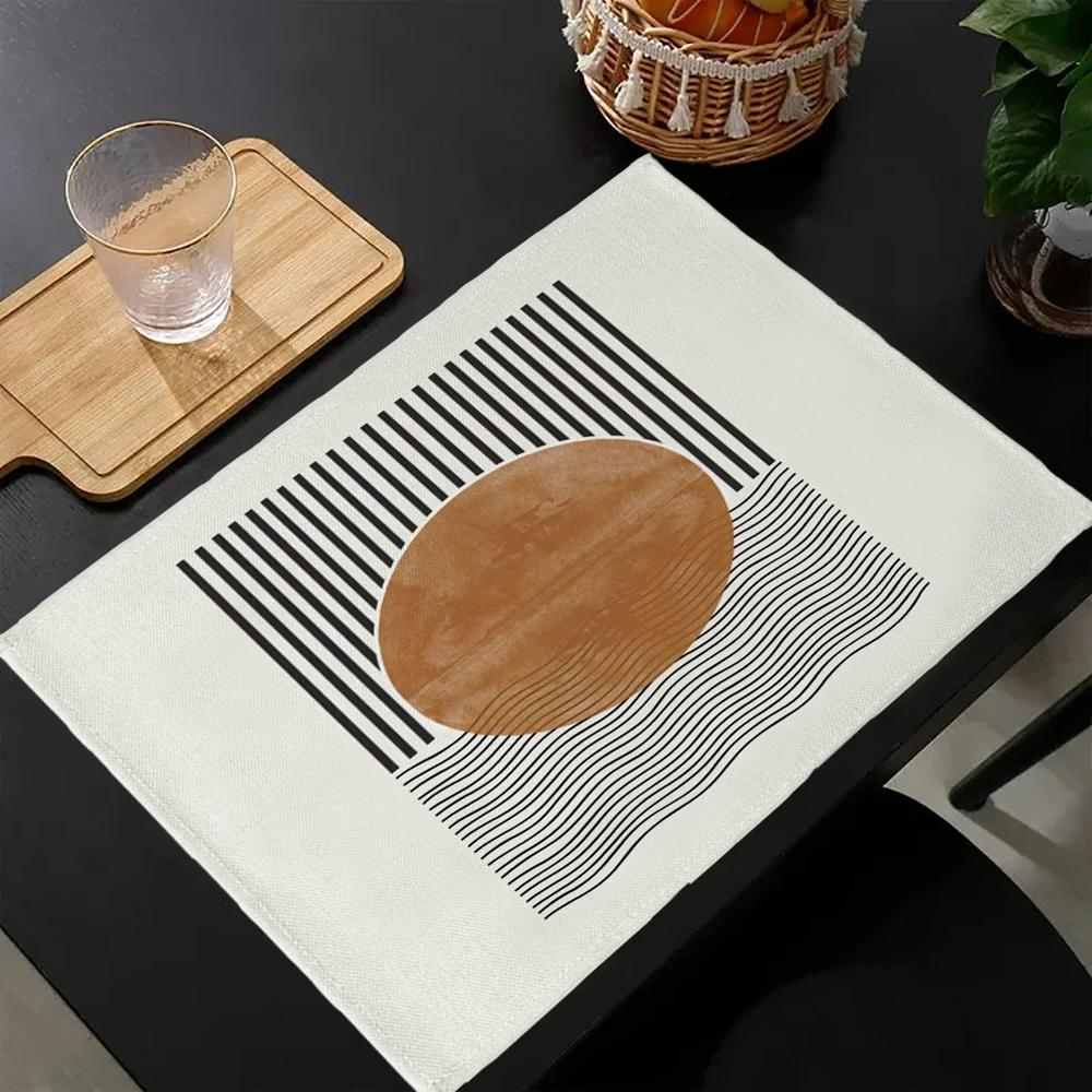 

Creative Abstract Line Pattern Print Linen Dining Table Mats Kitchen Placemat 30X45cm Coasters Pads Bowl Cup Mat 30x45cm-4PC