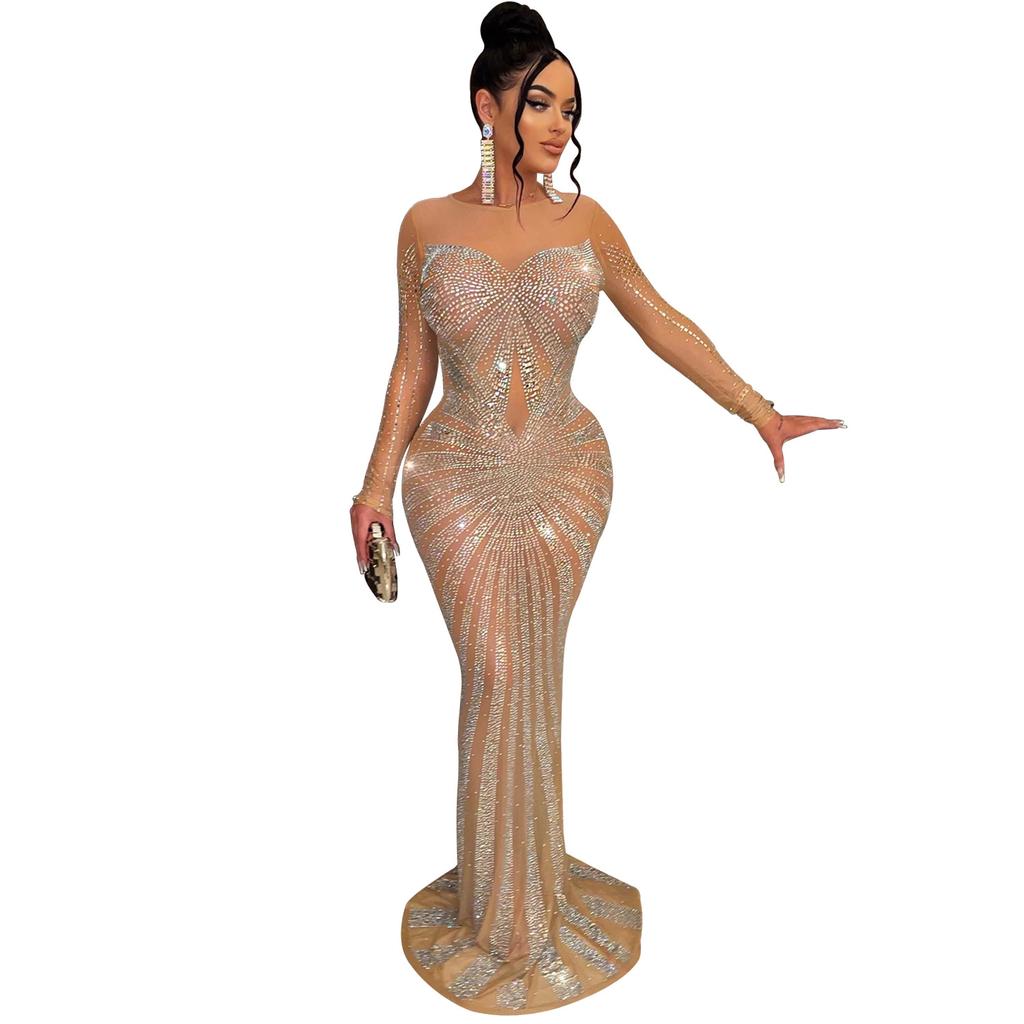 Vestido de noche Vestido largo de manga larga con diamantes de imitación transparentes de malla de color sólido para mujer a la moda