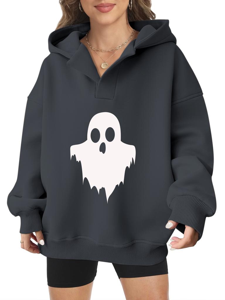2025 new European and American Halloween women's hooded sweater front and rear pattern winter fleece loose casual