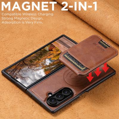 Vintage Leather Case for Samsung Galaxy Z Fold 7 Fold6 Magnetic Charging Detachable Card Wallet Invisible Bracket Phone Shell