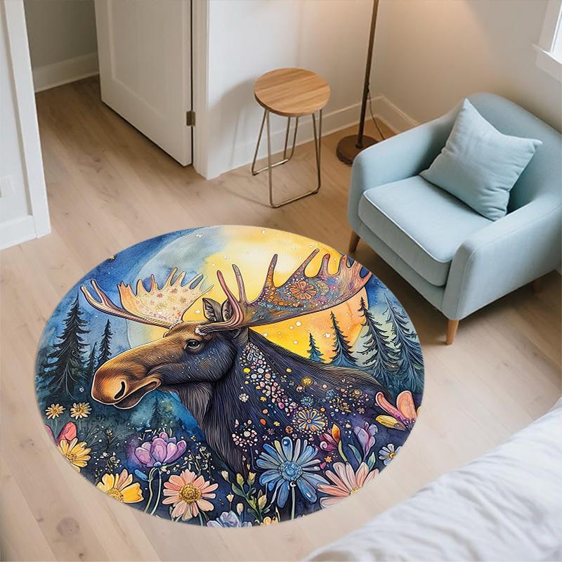 Watercolor Flower Animals,Round Area Rug,Carpet Rug for Living Room Bedroom Sofa Playroom Decor,Non-slip Floor Mat