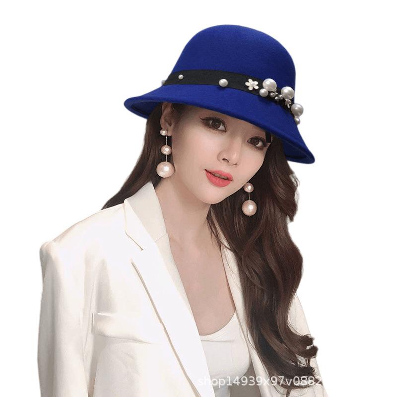 Autumn and winter new women's woolen top hat Hepburn style small brim basin hat pearl decoration French retro fashion shows small face