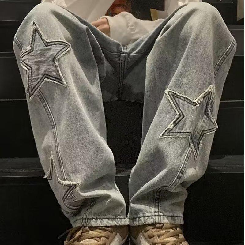 Star Embroidery Straight Casual Men Jeans Wide Leg Loose Hip Hop Fashion Youth Streetwear Denim Trouser