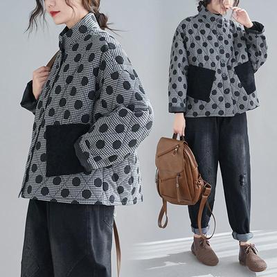 2024 Plus Size Women's Retro Argyle Short Quilted Cotton Jacket with Polka Dots