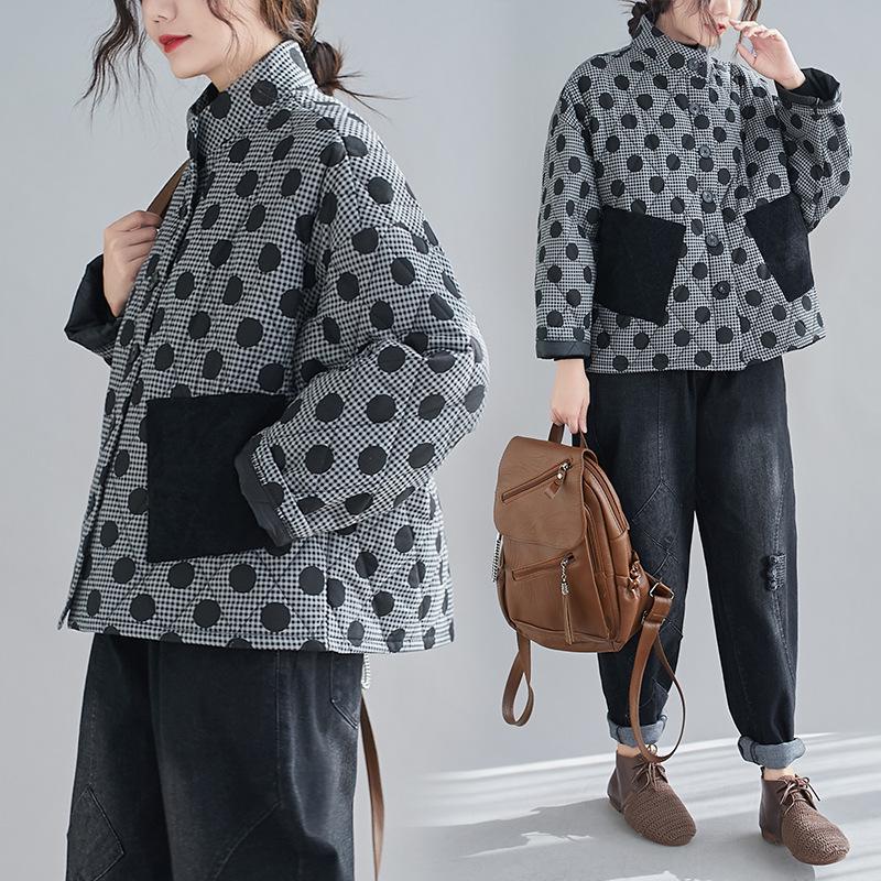 2024 Plus Size Women's Retro Argyle Short Quilted Cotton Jacket with Polka Dots