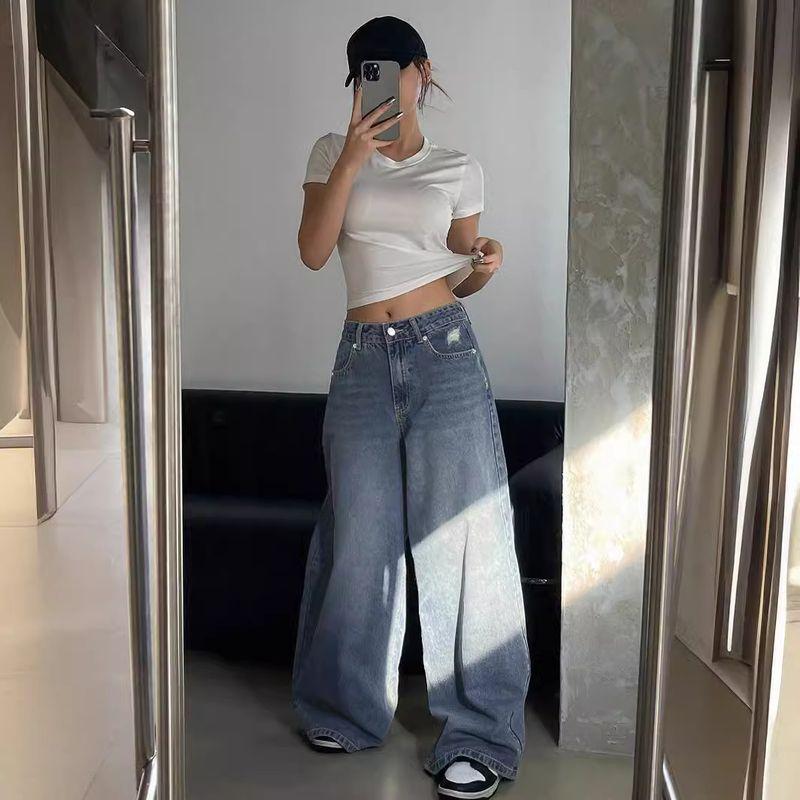 American Ins High Street Retro Washed Blue Loose Pants Long Mop Plus Size Loose Ripped Leisure Denim Female