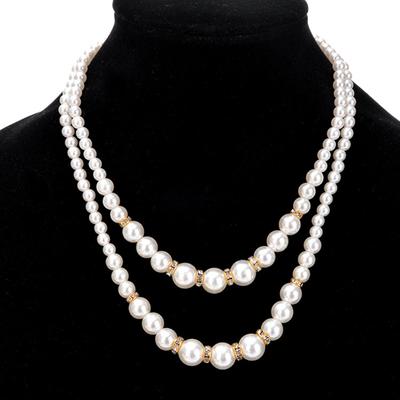 Fashion Women Faux Pearl Beads Rhinestone Inlaid Double Layer Necklace Jewelry