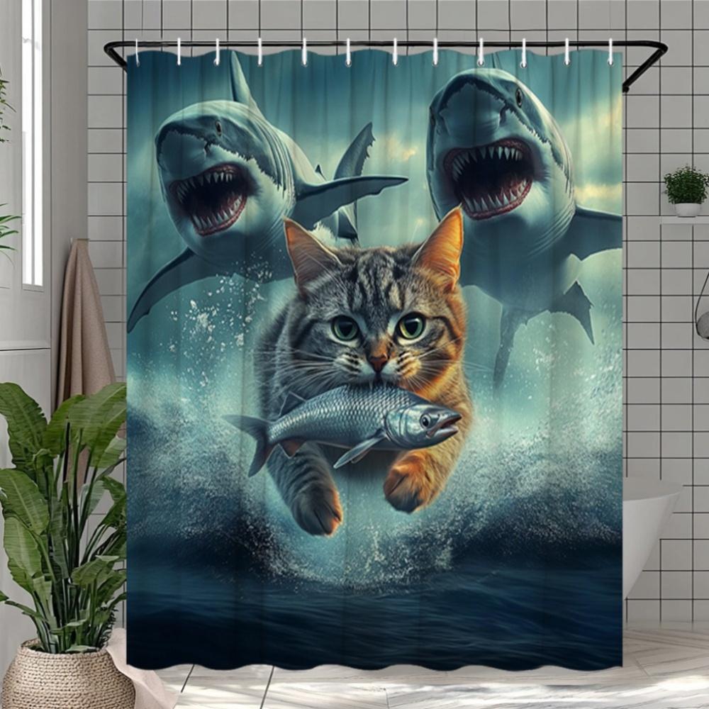 

Откройте для себя уникальную водонепроницаемую шторку для душа с дизайном «Кошка и акулы» для незабываемого опыта в ванной. W90XH180cm