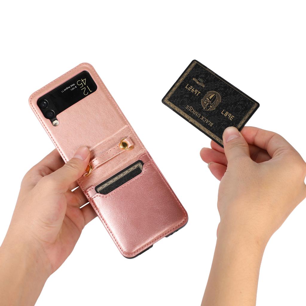 Applicable To Samsung Z Flip7 Mobile Phone Case Z Flip5 Folding Mobile Phone Solid Color Card Insert Leather Case Strap Diagonal Strap Rope