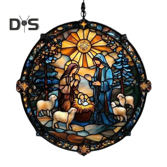 Weihnachtskrippe, handgefertigt, runder Sonnenfänger, Babys erstes Weihnachtsfest, christliches religiöses Geschenk für Baum, Fensterdekoration