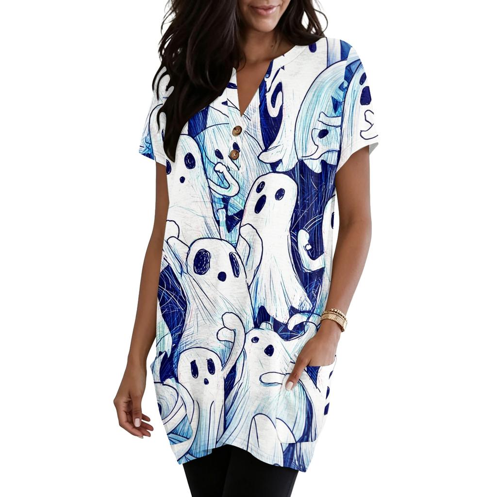 Women's V Neck Halloween Print Short Sleeve Pullover Dress with Pocket Casual Loose Fit Tunic Dress for Daily Wear