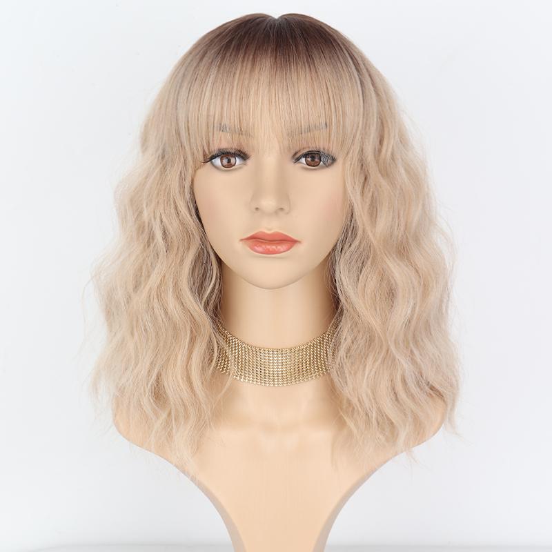 XINRAN Women Fashion Light Purple Shoulder Length Natural Wavy Wig with Bangs Synthetic Fiber Short Wavy Wig Cosplay Daily Wear