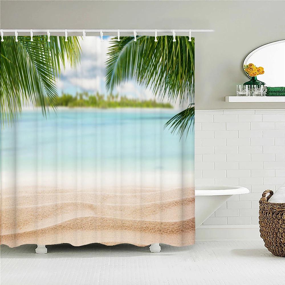 Sunny Beach Palme Meereslandschaft Stoff Duschvorhang Wasserdicht Polyester Badvorhänge für Badezimmer Dekorieren mit Haken
