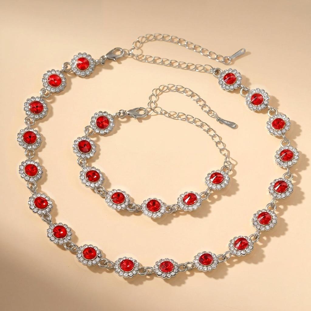 Colorful zircon necklace and bracelet two-piece set for women, fashionable and luxurious full-diamond jewelry set, decorative accessories for women