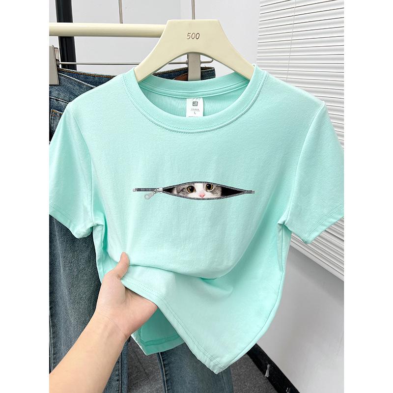 

Женская футболка с милым котом в корейском стиле, с круглым вырезом, с коротким рукавом, приталенная Large