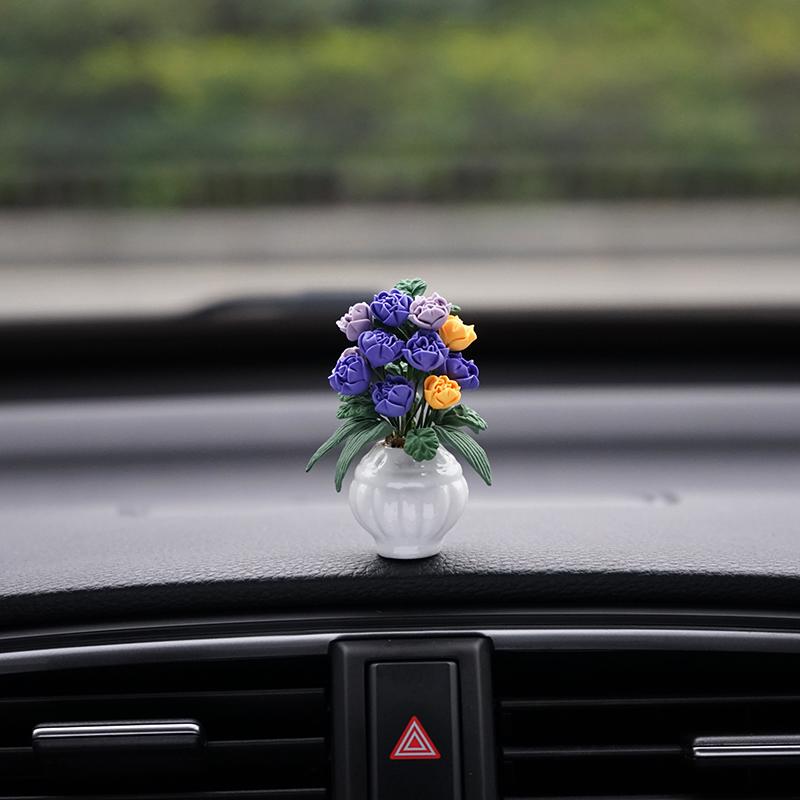 Mini Clay Flower Car Ornament Handmade Ceramic Vase Creative Car Decor Gift