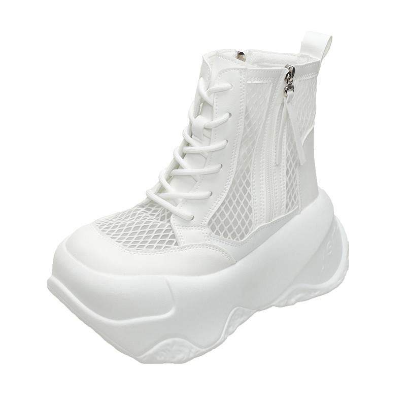 Fashion Spring/Summer High Top Women's Mid Calf Cool Boots Platform Mesh Hollowed Side Zipper Casual Shoes Sneakers