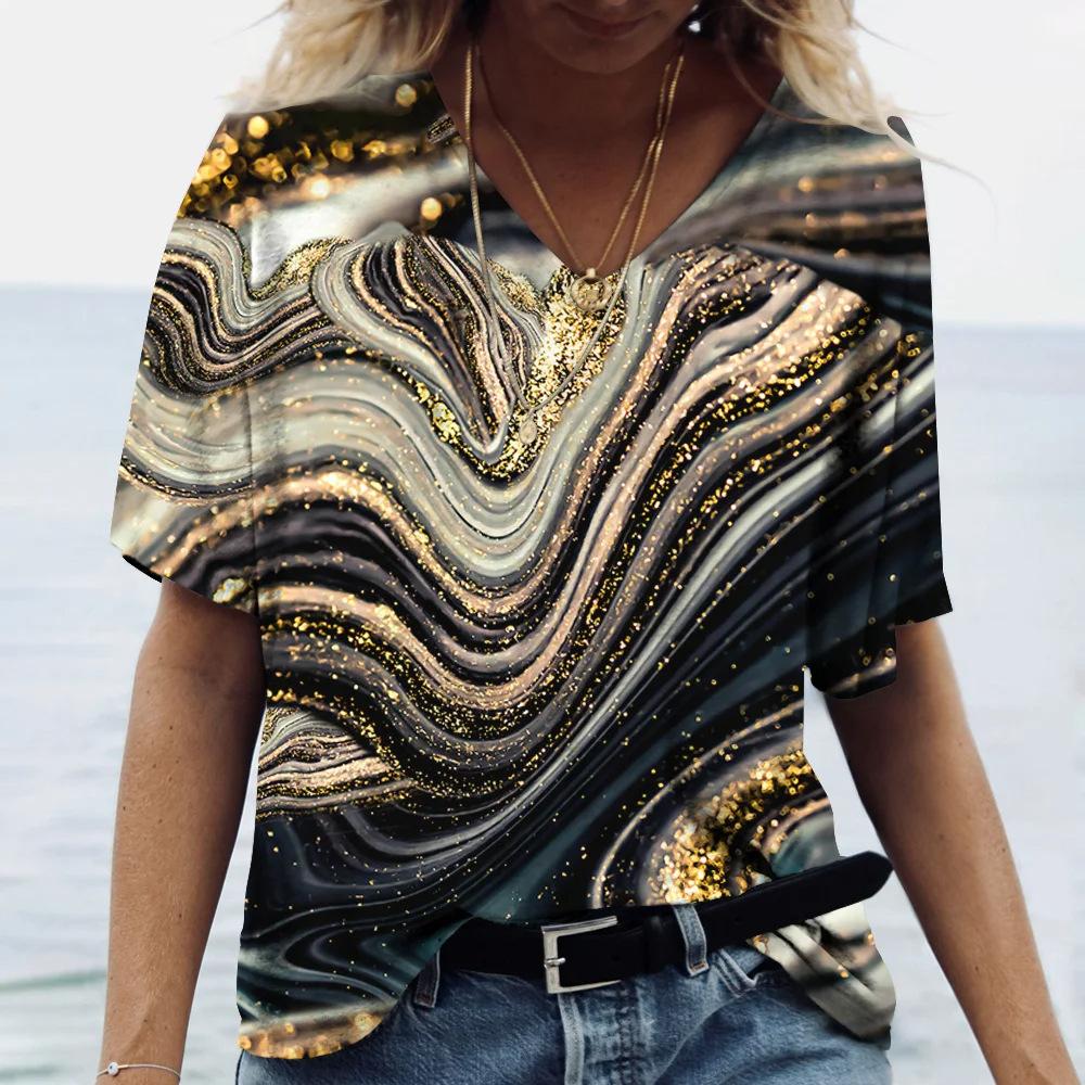 Summer V-neck 3D Marble Pattern Printed Top Fashionable Casual Short Sleeved Women's T-shirts