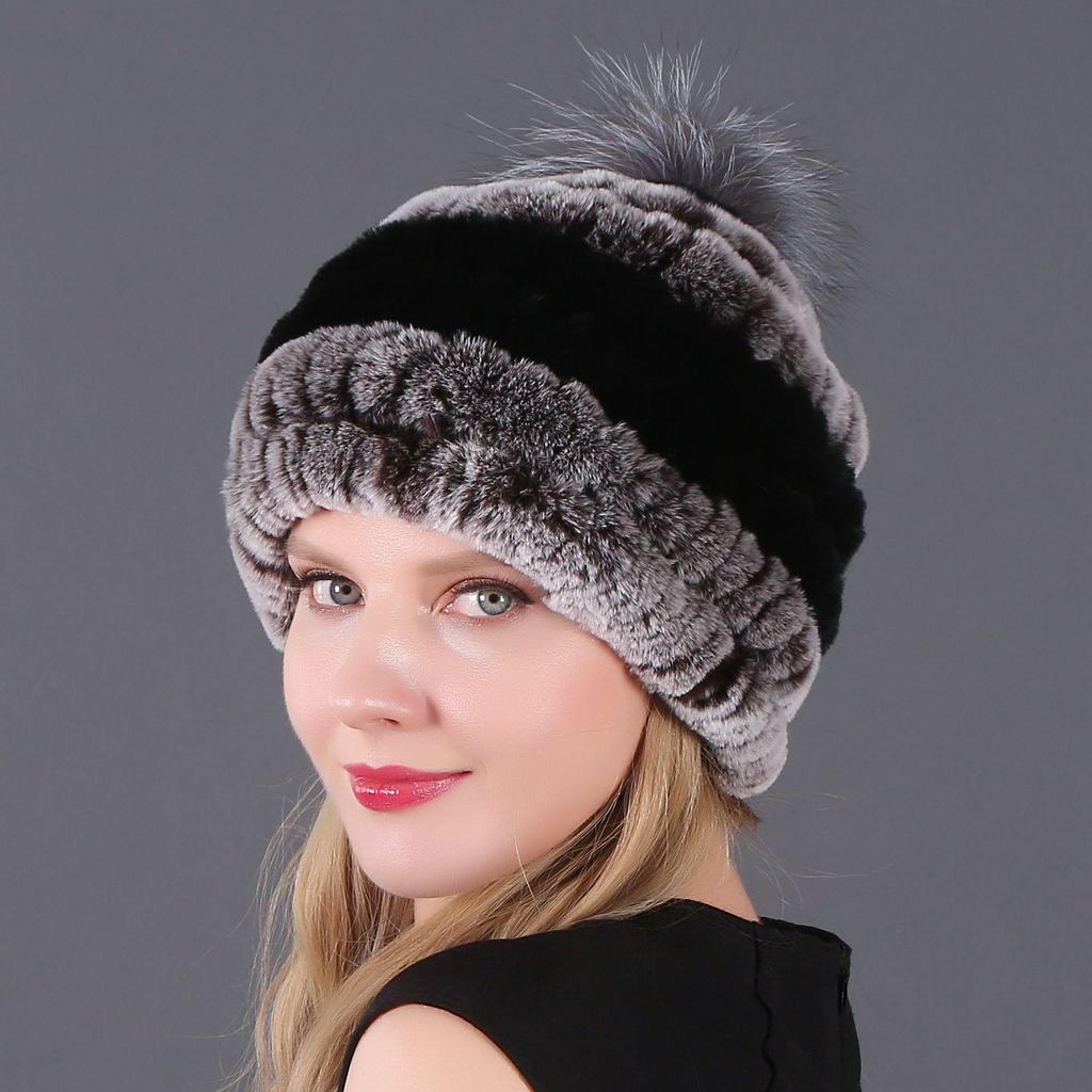 Women's Fur Hat with Rex Rabbit and Fox Fur Pompon for Autumn and Winter