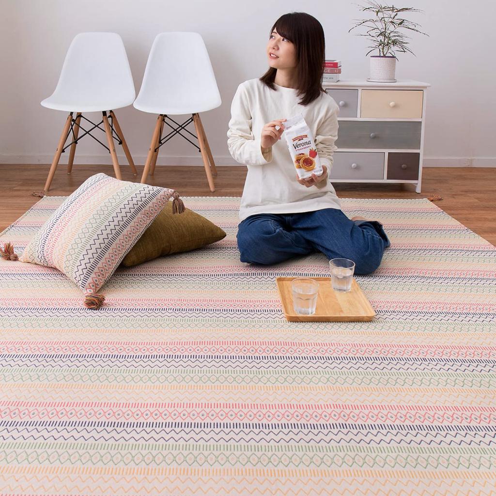 Hagiwara Rug 130 X 185cm Machine Washable with Treatment Cotton Geometric Pattern with Tassels Approx. "Hasina" Non-slip 100%