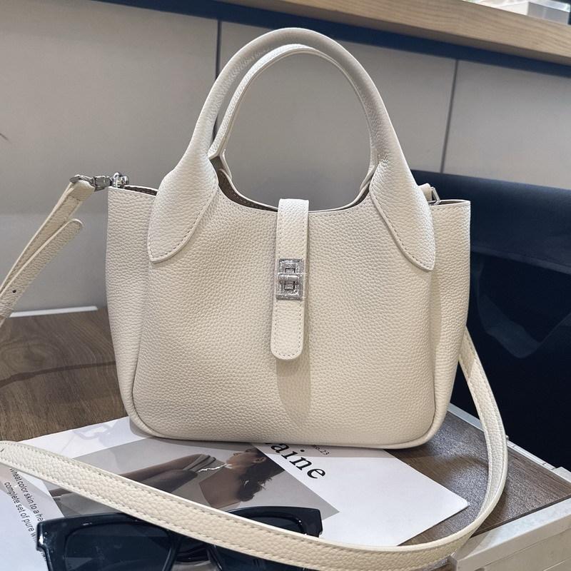 New first-layer cowhide leather high-end bucket bag vegetable basket bag single shoulder crossbody handbag women's bag
