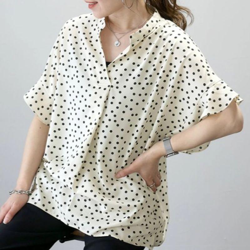 

South Korea Japanese Style Sweet Summer V Neck Dot Polka Dots Front Short Back Length Asymmetrical Ruffle Sleeve Chiffon Shirt for Women Milky White Free size