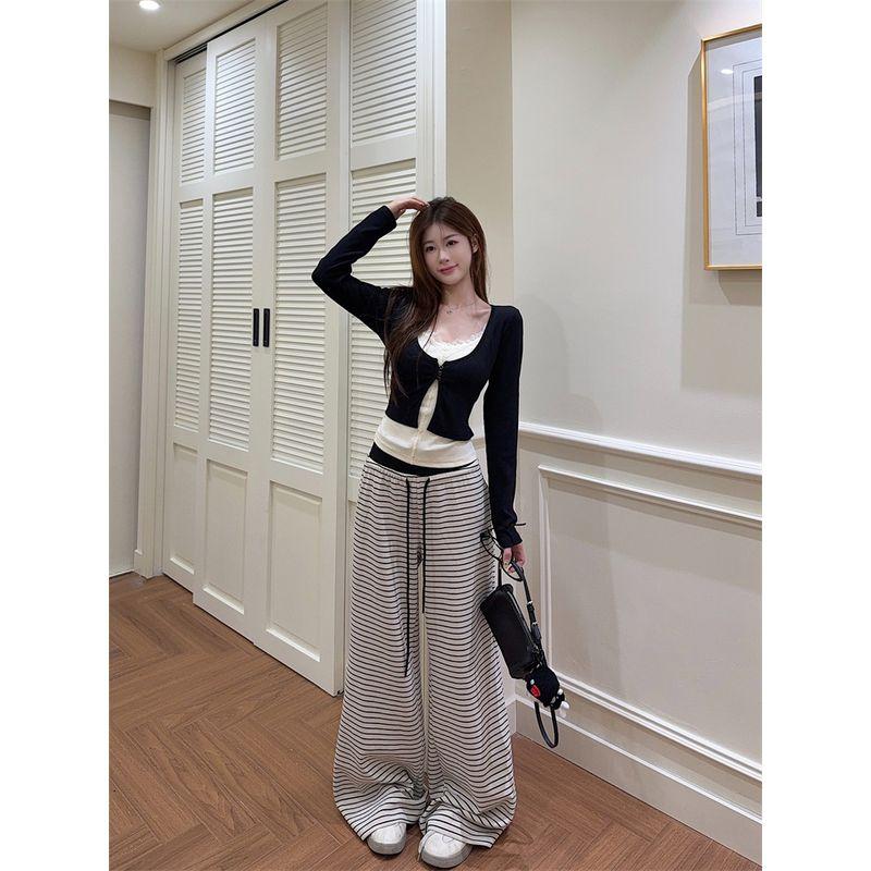 Kumikumi Casual Suit Fake Two-Piece Stitching Long Sleeve T-shirt Women Fall Stripes Drawstring Loose Pants Two-piece Set