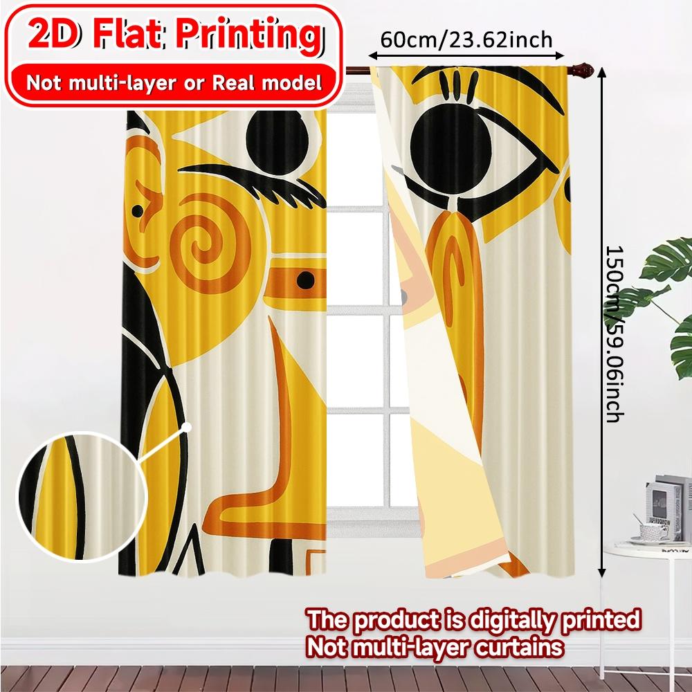 2Pcs, 2D Flat Printing Curtains (Without Rod) Abstract Faces(1) Holiday Printed Curtains Durable Polyester Curtains Decorations