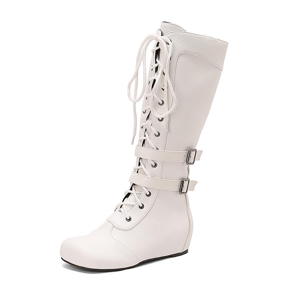 White Brown Women Mid Calf Boots Med Wedge Heel Big Size 50