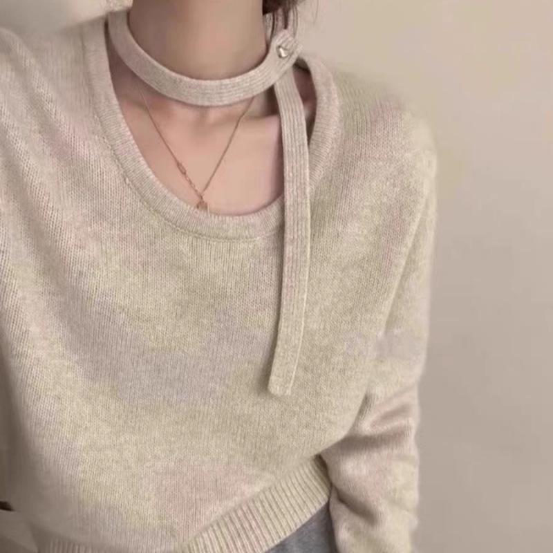 Women's Korean Style Ribbon Halterneck Wool Sweater – Elegant Round Neck Base Layer