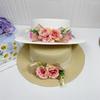 Summer New French Simple Lace with Flower Flat Top Straw Hat Top Hat Girls Seaside Elegant Sun Hat