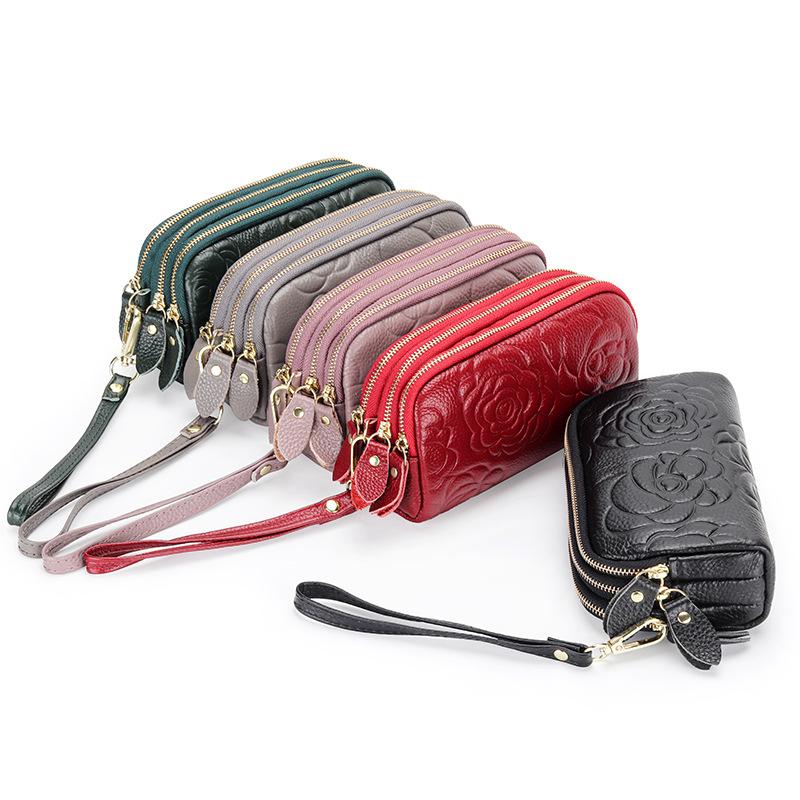 Cross-border leather clutch bag, women's new three-layer zipper, mobile phone small bag, simple mother small clutch bag