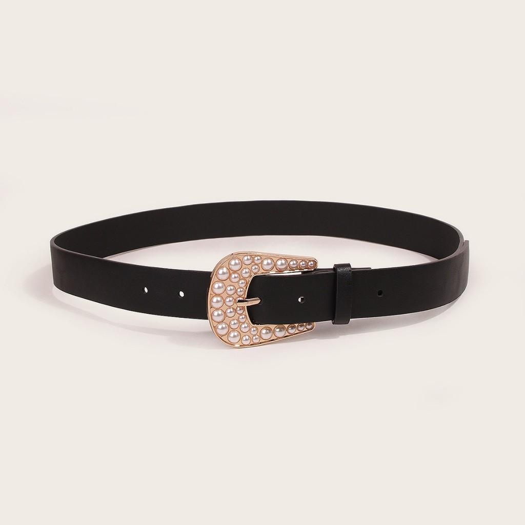 Classic Fashion Casual Leather Belt For Women With Pearl Decor For Spring