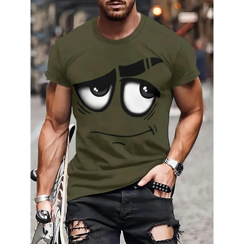 Summer Round Neck Cartoon Face Graphic 3D Print T-shirts Fashionable Casual Short Sleeved Men's T-shirts