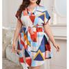 Summer Women's Short Sleeve Dress Temperament Elegance Fashion Party Dress Plus Size High-waisted Dress Patchwork Color Design