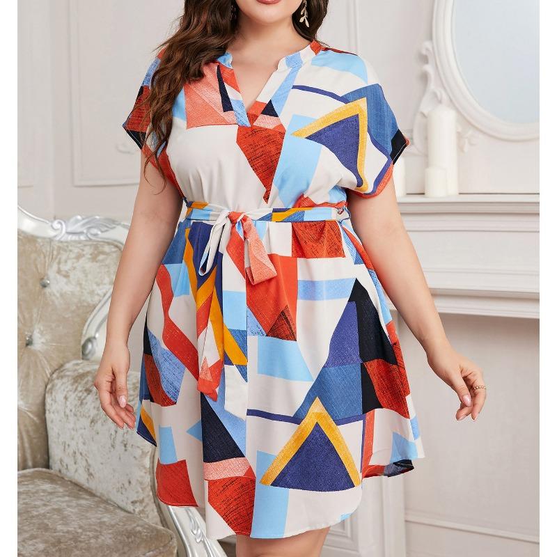 Summer Women's Short Sleeve Dress Temperament Elegance Fashion Party Dress Plus Size High-waisted Dress Patchwork Color Design