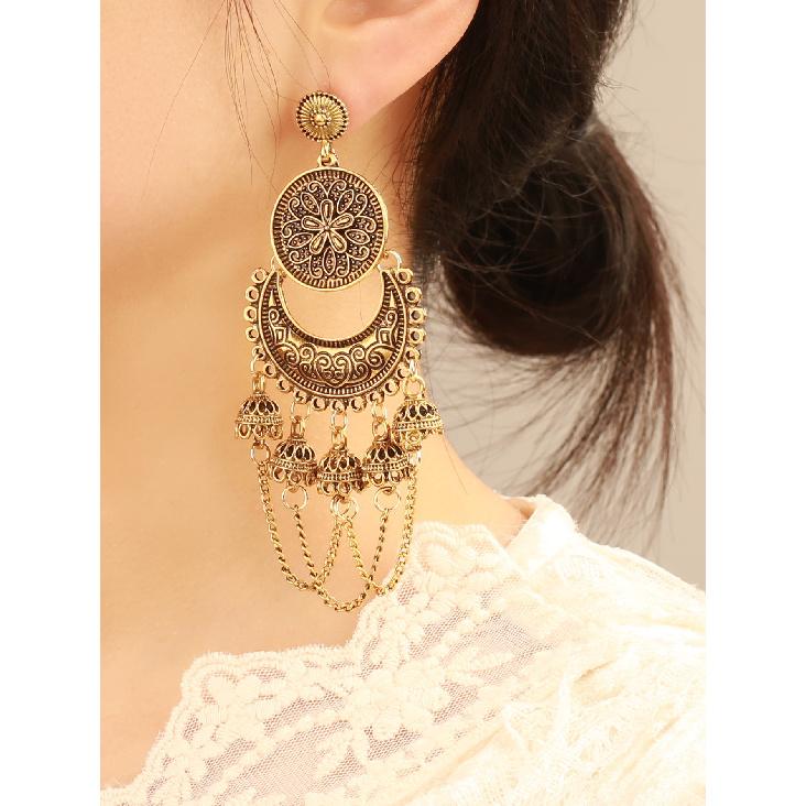 New European and American style round chain long tassel bell earrings, vintage gothic exotic style women's alloy earrings