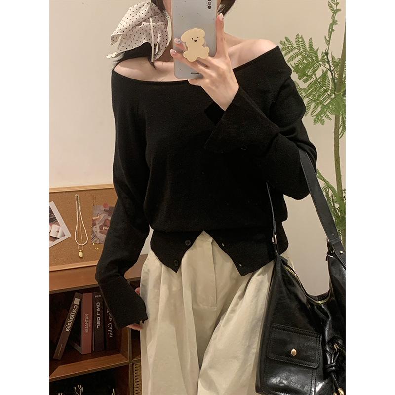 

Французский свитер с открытыми плечами, на пуговицах, с разрезом, с длинными рукавами для женщин, осенний, на одно плечо, для внутреннего слоя, облегающий крой и красивый короткий топ One Size